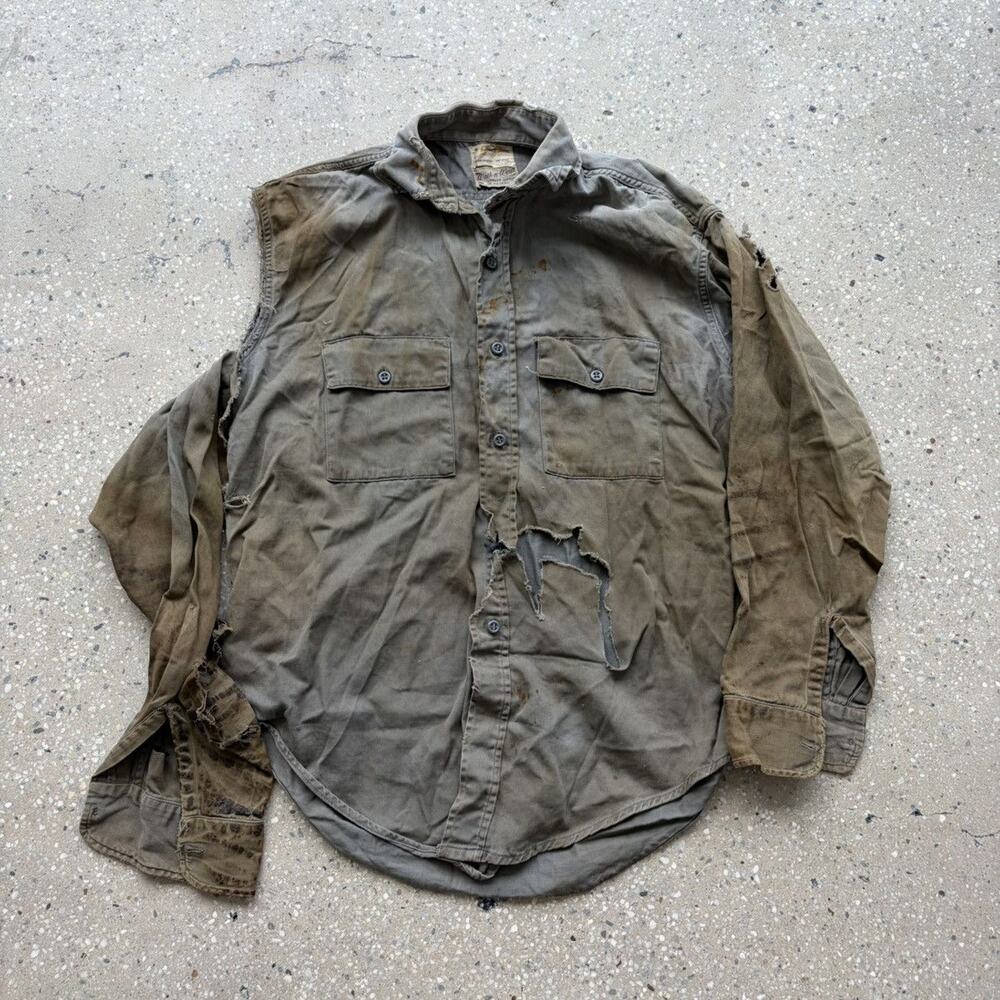 Vintage 50s Powrhouse Grey Canvas Workwear Distressed Shirt
